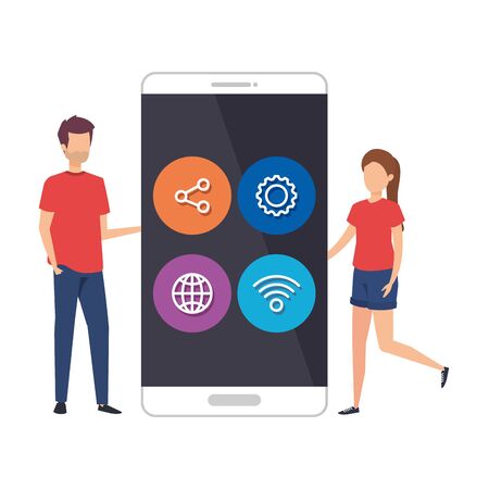 young couple with smartphone and social media menu vector illustration designのイラスト素材