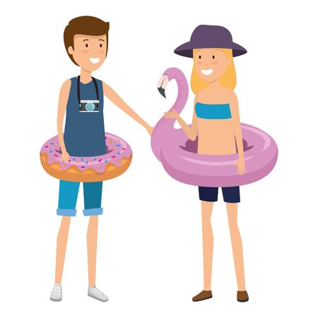 young couple with floats characters vector illustration designのイラスト素材