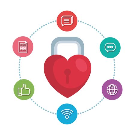 padlock with heart shape and social media icons vector illustration designのイラスト素材