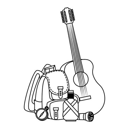 camping travel bag with guitar and canteen vector illustration designのイラスト素材