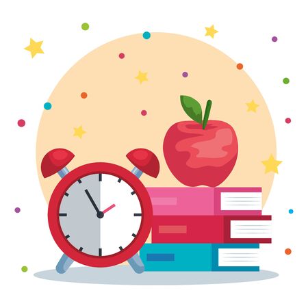 apple fruit with books and alarm clock supplies to back to school vector illustrationのイラスト素材