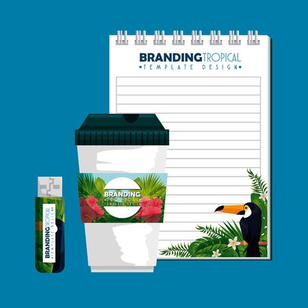tropical design of plastic coffee cup and notebook vector illustrationのイラスト素材