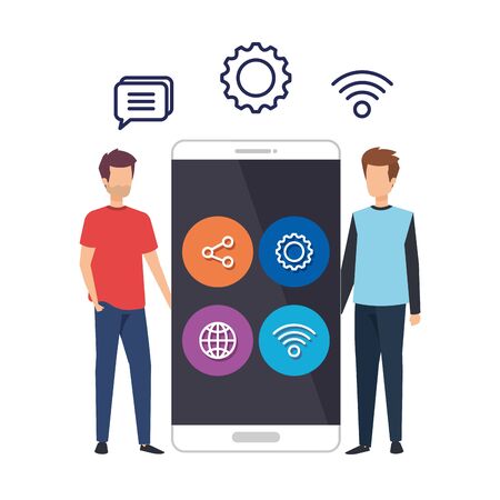 young men with smartphone and social media menu vector illustration designのイラスト素材