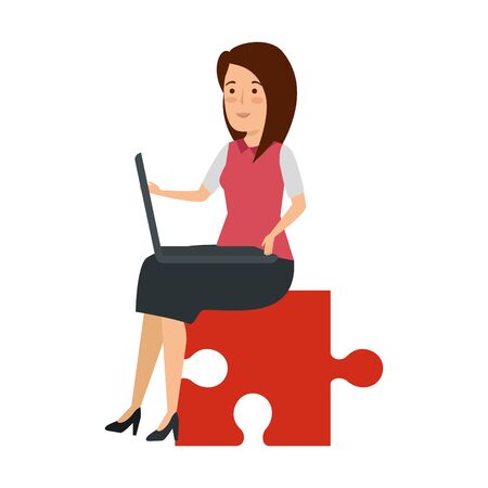 young businesswoman sitting in puzzle piece vector illustration designのイラスト素材