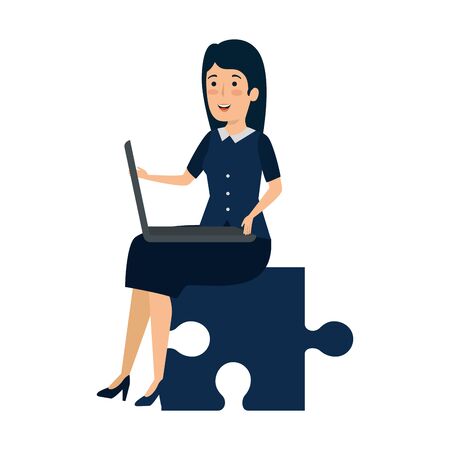 young businesswoman sitting in puzzle piece vector illustration designのイラスト素材