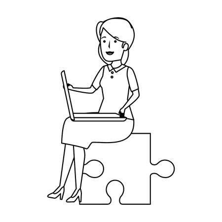 young businesswoman sitting in puzzle piece vector illustration designのイラスト素材