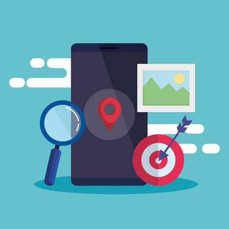 smartphone technology with location sign and magnifying glass vector illustrationのイラスト素材
