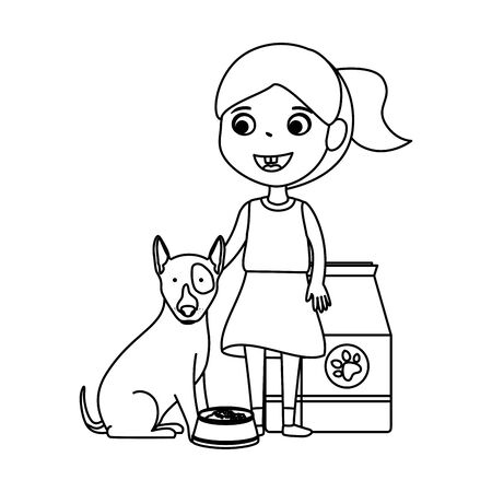 cute little girl with puppy and food bag vector illustration designのイラスト素材