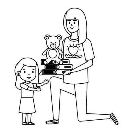 woman volunteer giving a girl books and bear teddy vector illustration designのイラスト素材