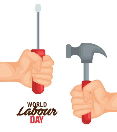 hands with screwdriver and hammer to labour day vector illustrationのイラスト素材