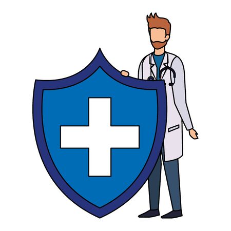 doctor with stethoscope and health shield vector illustration designのイラスト素材