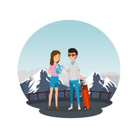 tourist couple with suitcases characters vector illustration designのイラスト素材