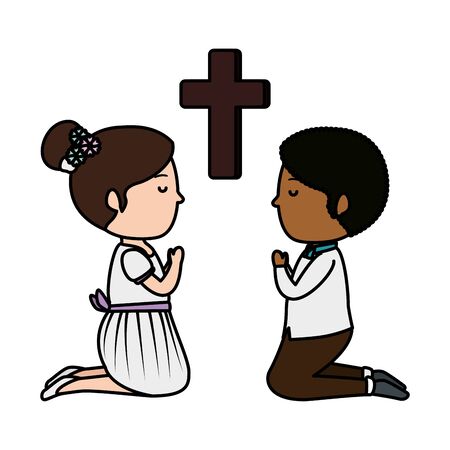 little kids kneeling with cross first communion vector illustration designのイラスト素材