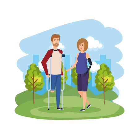 man in crutches with woman with prosthesis vector illustration designのイラスト素材