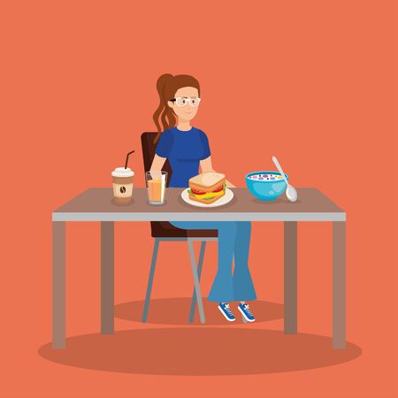 casual woman eating pancakes with coffee vector illustrationのイラスト素材
