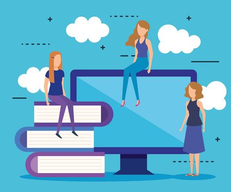 mini people with computer and books vector illustration designのイラスト素材