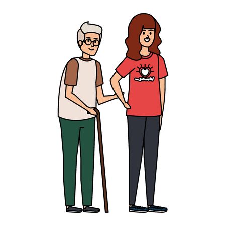 young woman volunteer helping a grandfather vector illustration designのイラスト素材