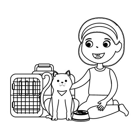 cute little girl with kitty in transport box vector illustration designのイラスト素材