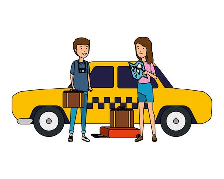 tourist couple with suitcases in taxi characters vector illustration designのイラスト素材
