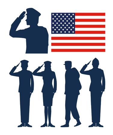 set usa flag with patriotic soldiers vector illustrationのイラスト素材