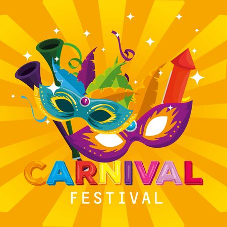 carnival masks with feathers decoration and firework to party vector illustrationのイラスト素材