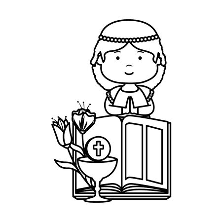 little girl with bible and flowers first communion vector illustration designのイラスト素材