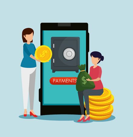 smartphone with strong box and women with money vector illustrationのイラスト素材