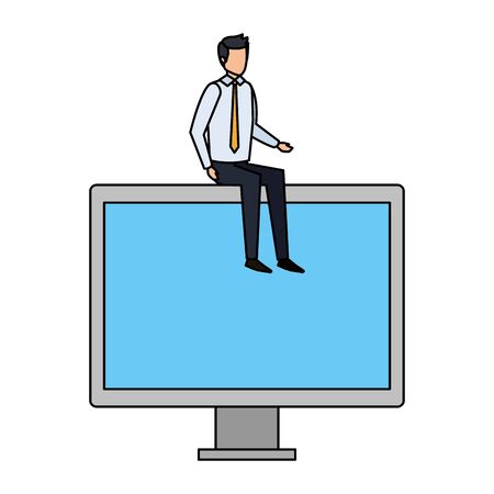 elegant businessman sitting in computer display vector illustration designのイラスト素材