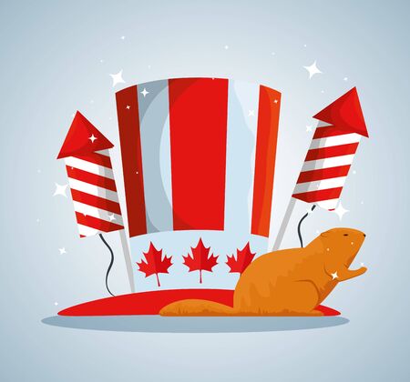 patriotic hat with fireworks and beaver to canada holiday vector illustrationのイラスト素材