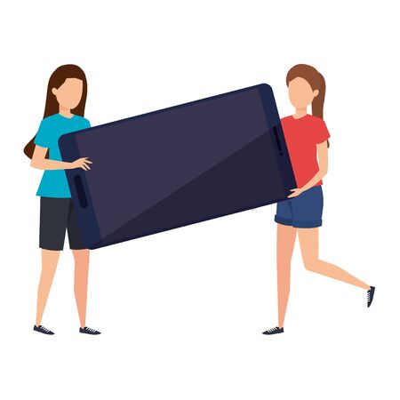 young women lifting smartphone device characters vector illustration designのイラスト素材