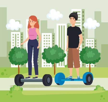 woman and man riding electric scooter in the park vector illustrationのイラスト素材