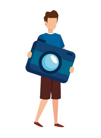 young man lifting camera photographic character vector illustration designのイラスト素材