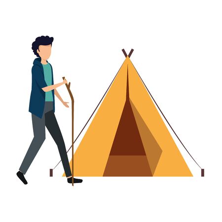 tent camping with young man walking vector illustration designのイラスト素材