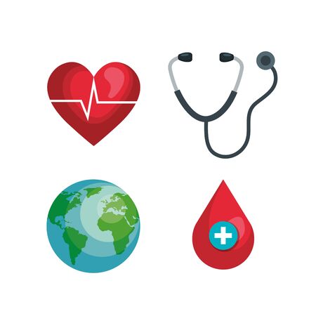 set heartbeat with stethoscope and blood drop vector illustrationのイラスト素材