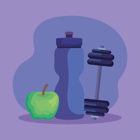 water bottle and weight with apple fruit over purple background, vector illustrationのイラスト素材