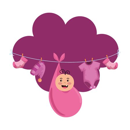 baby shower card with little newborn hanging in wire and clothes vector designのイラスト素材