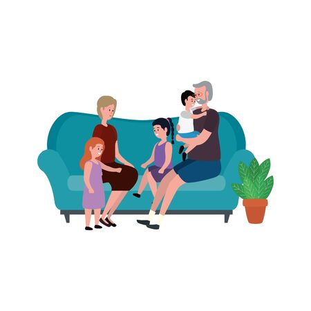 cute grandparents couple with little kids in the sofa vector illustration designのイラスト素材