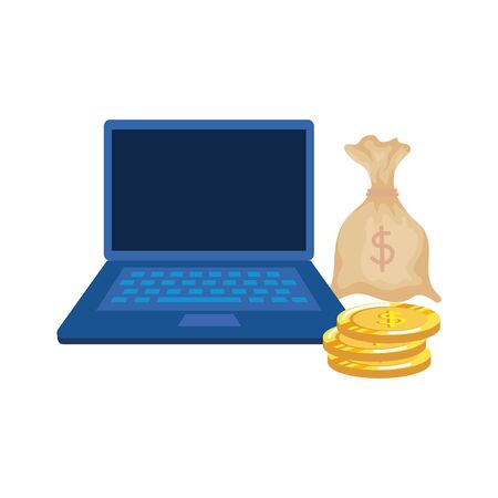coins money dollars with laptop and sack vector illustration designのイラスト素材