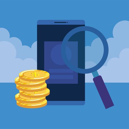 coins money dollars with smartphone and magnifying glass vector illustrationのイラスト素材