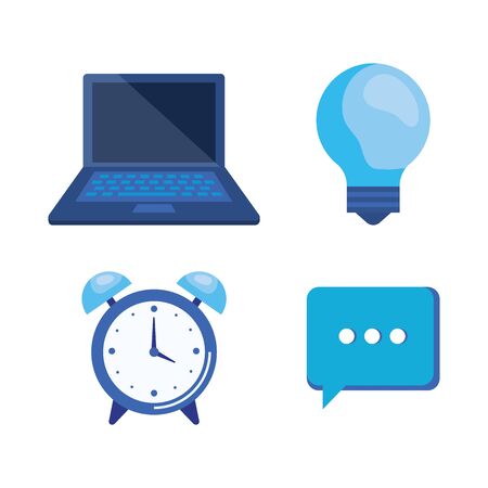 set of laptop technology with bulb idea and alarm with chat bubble over white background, vector illustrationのイラスト素材
