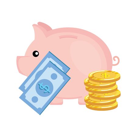piggy savings with coins and bills money vector illustration designのイラスト素材