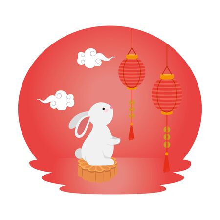 cute and little rabbit with chinese lamps hanging vector illustration designのイラスト素材