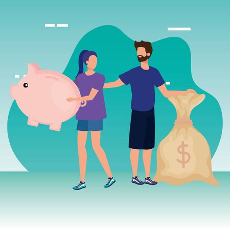 young couple with piggy and money sack characters vector illustration designのイラスト素材