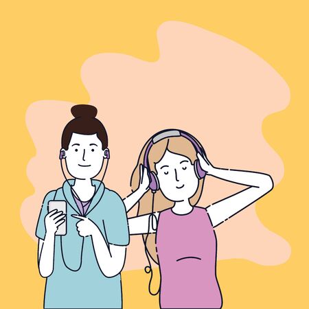 young girls listen music with earphones and player vector illustration designのイラスト素材