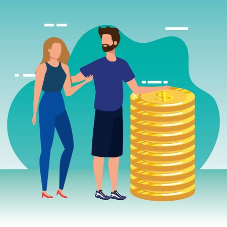 young couple with coins money avatars characters vector illustration designのイラスト素材