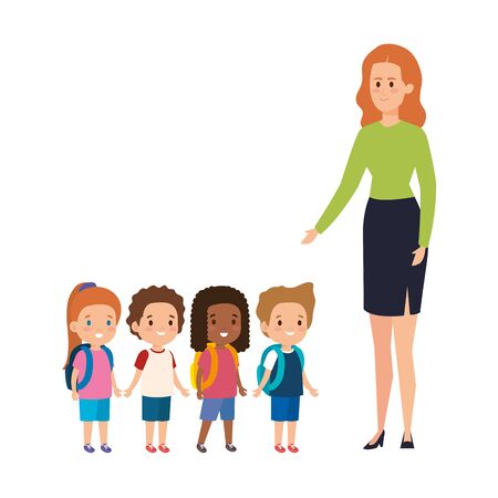 young teacher female with little students vector illustration designのイラスト素材