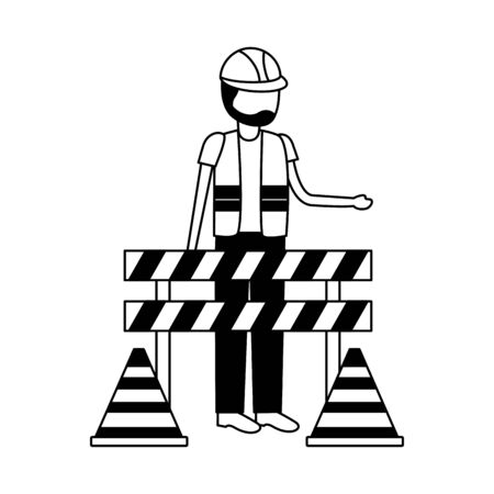 construction worker traffic barricade and cone vector illustrationのイラスト素材