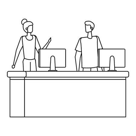 couple working in desk with computers vector illustration designのイラスト素材