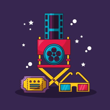 director chair reel film glasses ticket cinema movie vector illustrationのイラスト素材