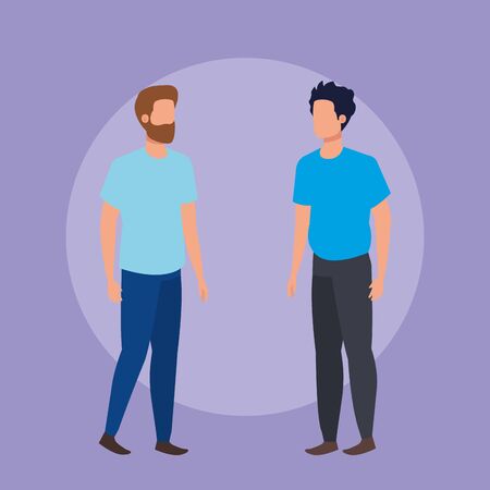 fashion men with hairstyle and casual clothes over purple backgrpund, vector illustrationのイラスト素材